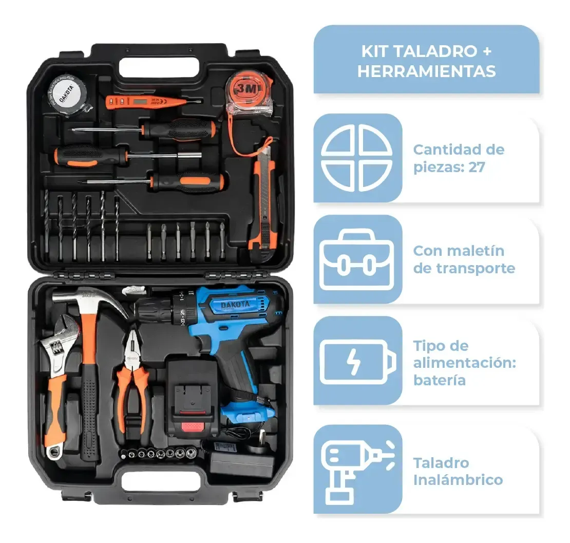 Taladro Dakota Con Maletín + Set De Mechas De Regalo Negro Y Azul 50 Hz
