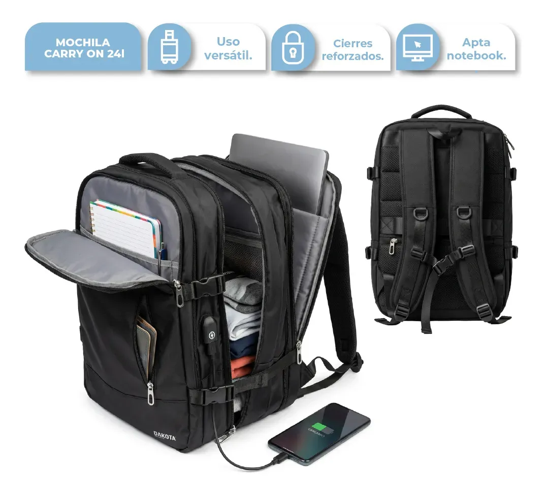 Mochila Viaje Carry On 24l Monobag Mg Calidad Deluxe Reforzada Color Negro Diseño De La Tela Liso