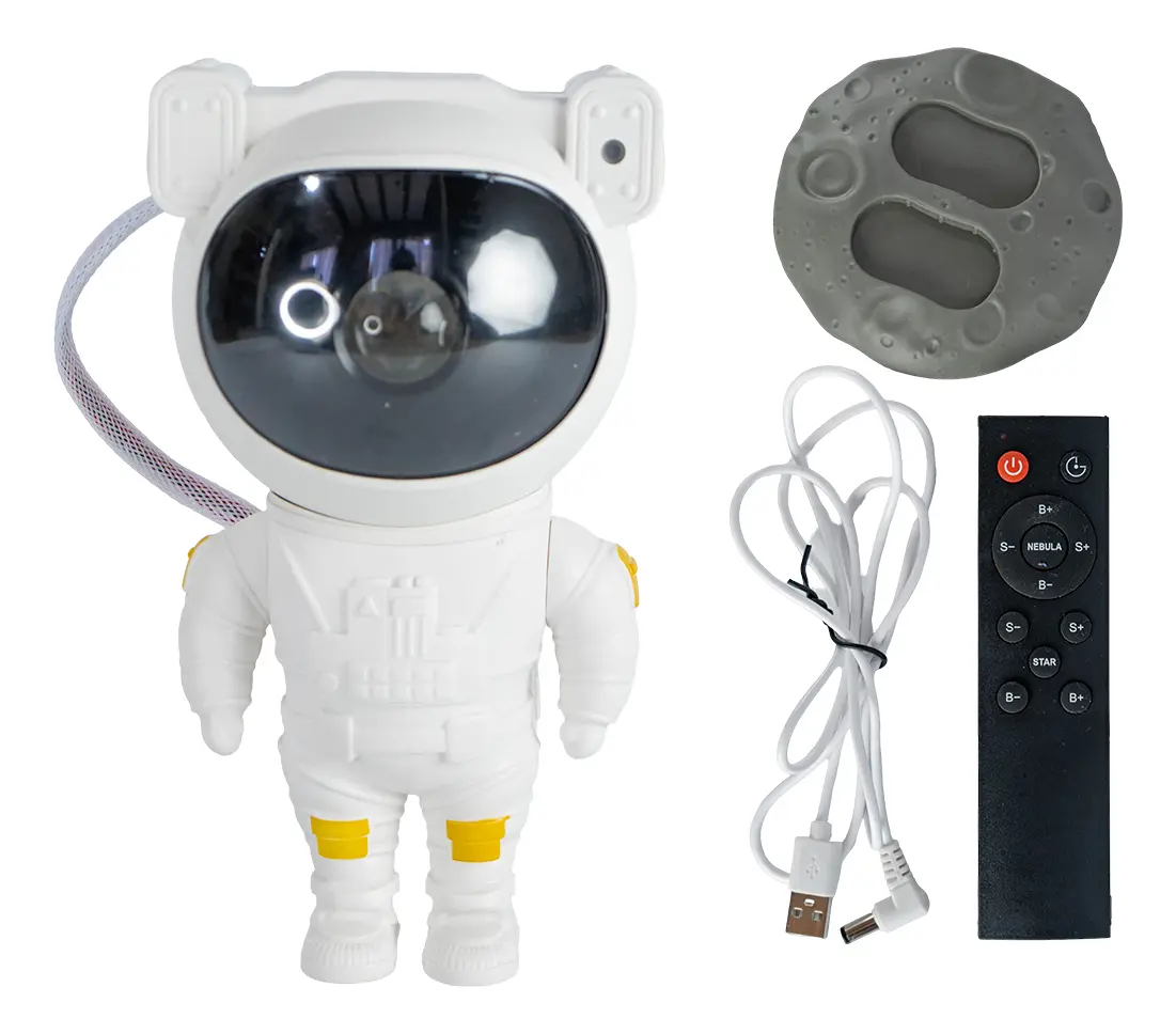 Astronauta Proyector Velador Dakota Galaxia Estrellas Lampara Luz Led Control Remoto Estructura Blanca Blanco Negro