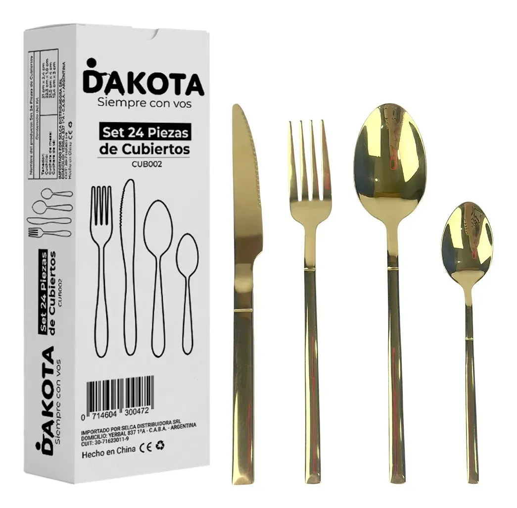 Set 24 Cubiertos Acero Inoxidable Dakota Color Dorado Cuchillos Tenedores Cucharas Vajilla Completa