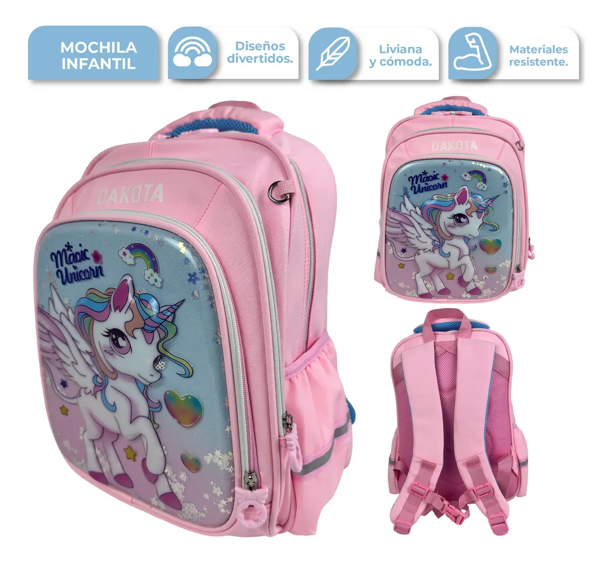 Mochila Escolar Infantil Dakota Unicornio Rosa 100% Poliéster