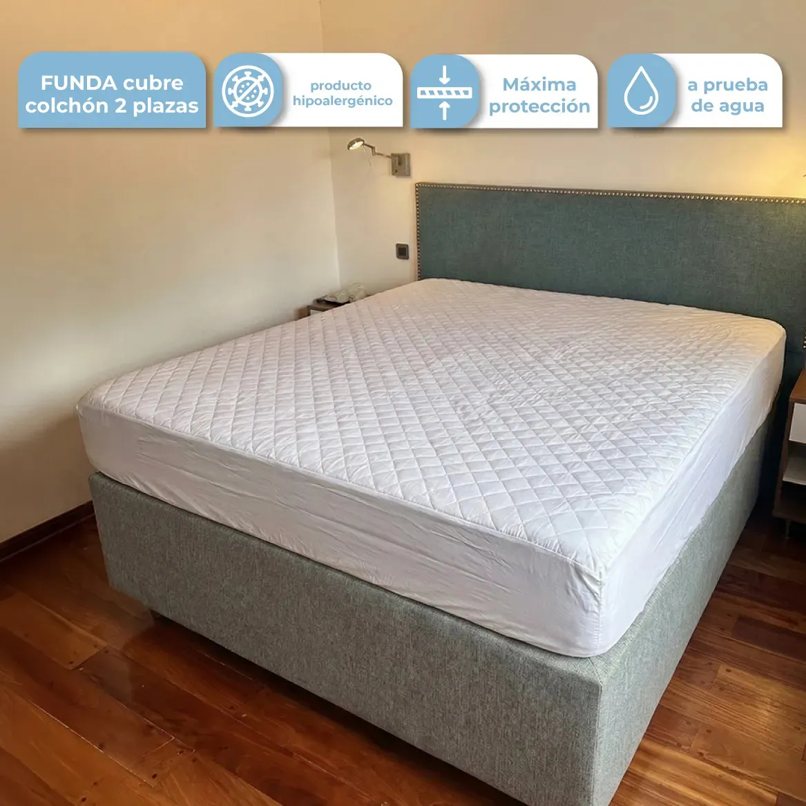 Cubre Colchón Funda Protector Impermeable 2 Plaza Ajustable Blanco 2 Plazas