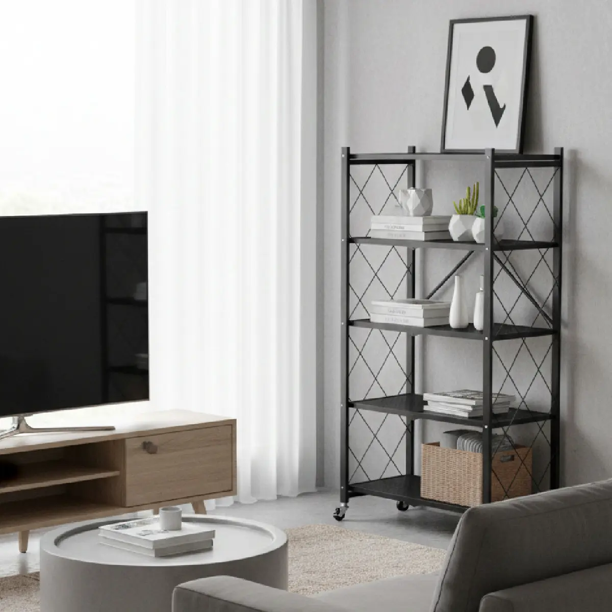 Estanteria Metalica Plegable Dakota 5 Niveles Con Ruedas Negro Mate