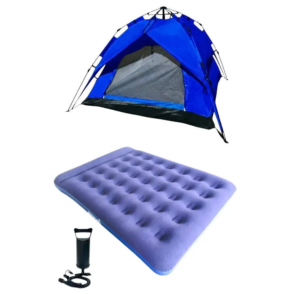 Kit Camping Dakota Carpa Autoarmable 4 Personas + Colchón Inflable 2 Plazas Con Almohada Incorporada Azul