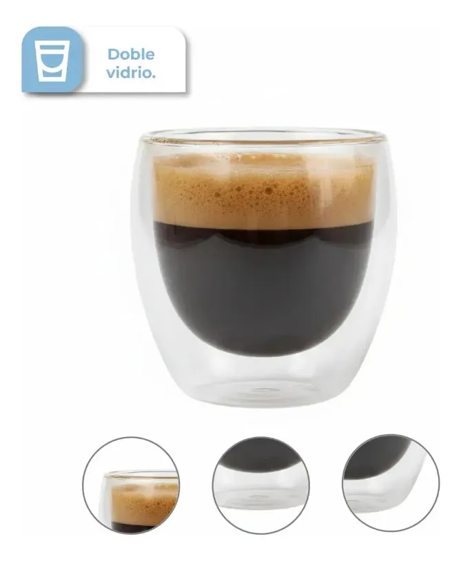 Combo X2 Set X2 Tazas Dakota Doble Vidrio Térmico 250ml Café Té Capuchino Latte Vidrio Borosilicato Aislante Calor Frío Pack X4