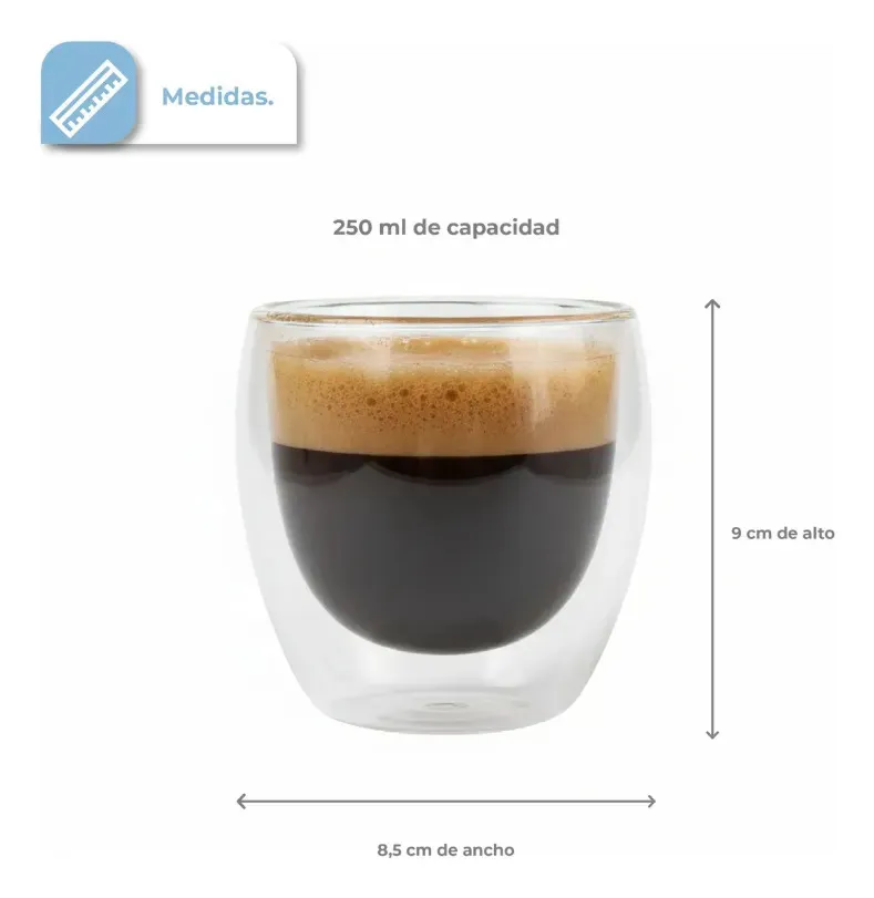 Combo X2 Set X2 Tazas Dakota Doble Vidrio Térmico 250ml Café Té Capuchino Latte Vidrio Borosilicato Aislante Calor Frío Pack X4