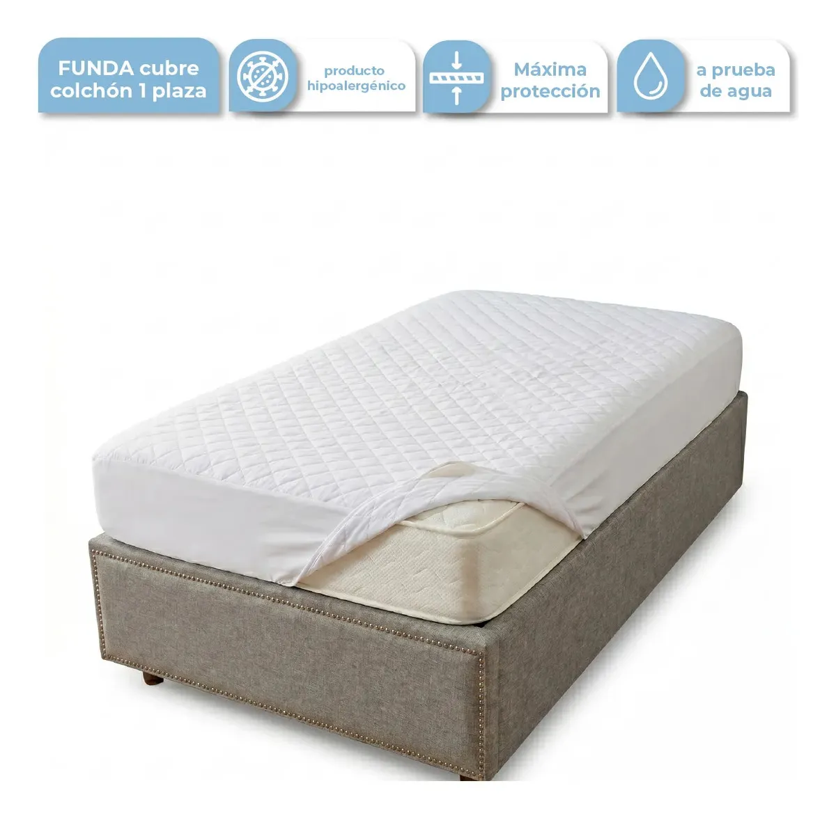 Cubre Colchón Funda Protector Impermeable 1 Plaza Ajustable Blanco