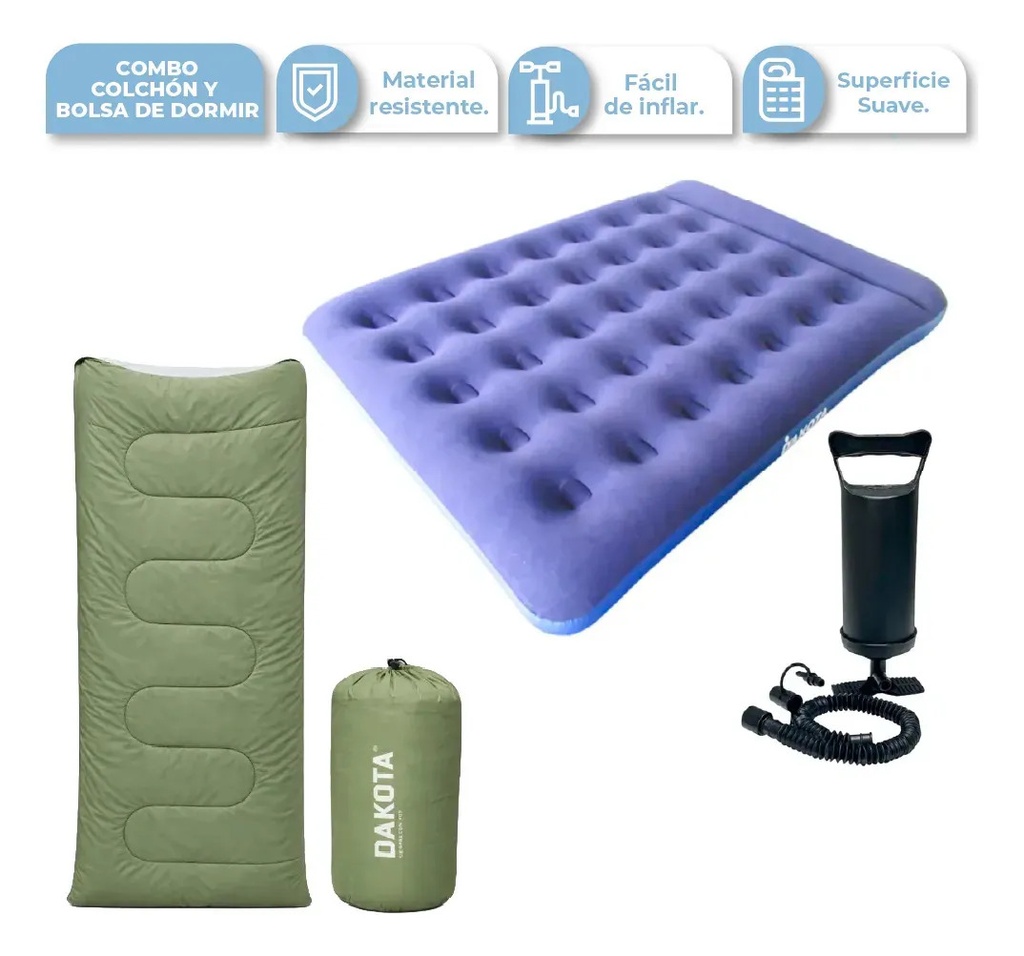 Combo Camping Dakota Colchón Inflable 2 Plazas + 2 Bolsas De Dormir Térmicas Azul Marino