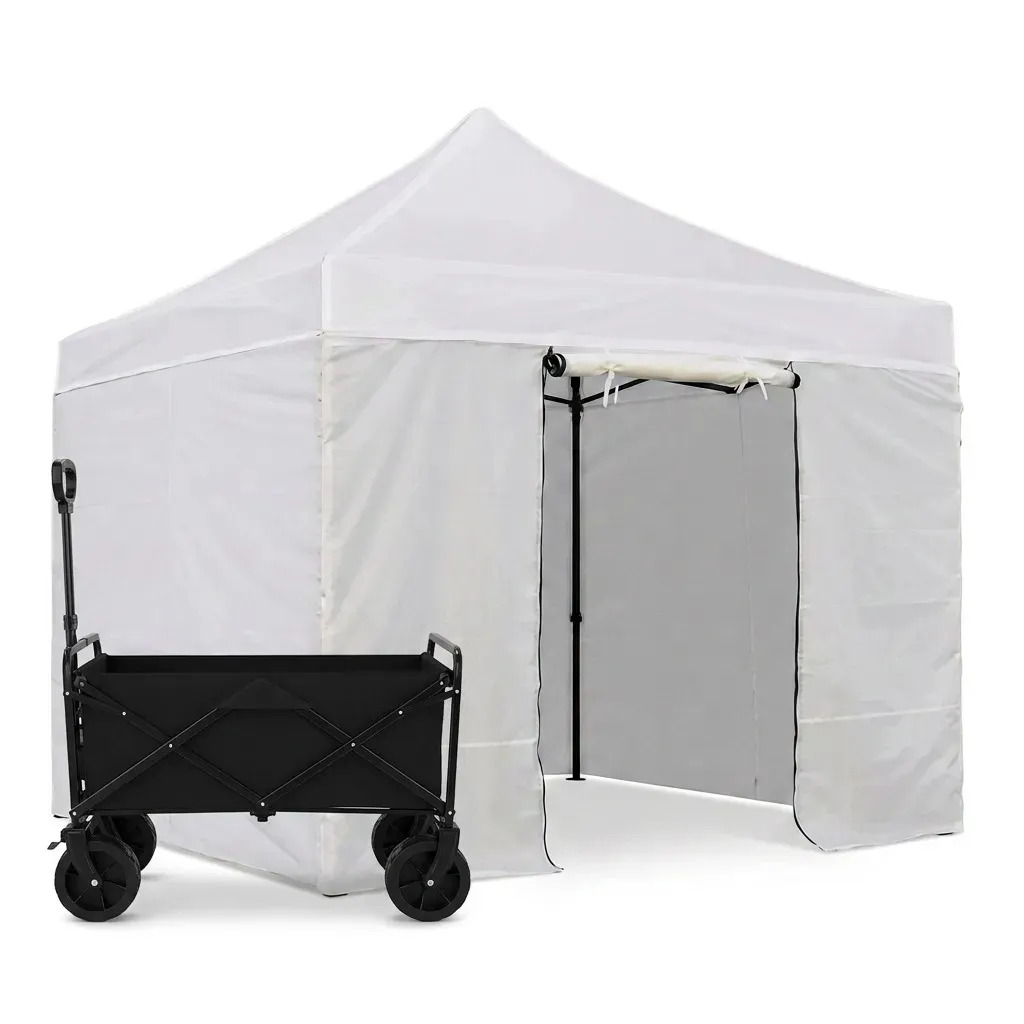 Combo Gazebo 3x3 Autoarmable Plegable Dakota Con 4 Paredes Blanco Puerta Estacas Bolso Impermeable + Carrito Plegable Multiuso Dakota 2 En 1 4 Ruedas Camping Transporte Carga