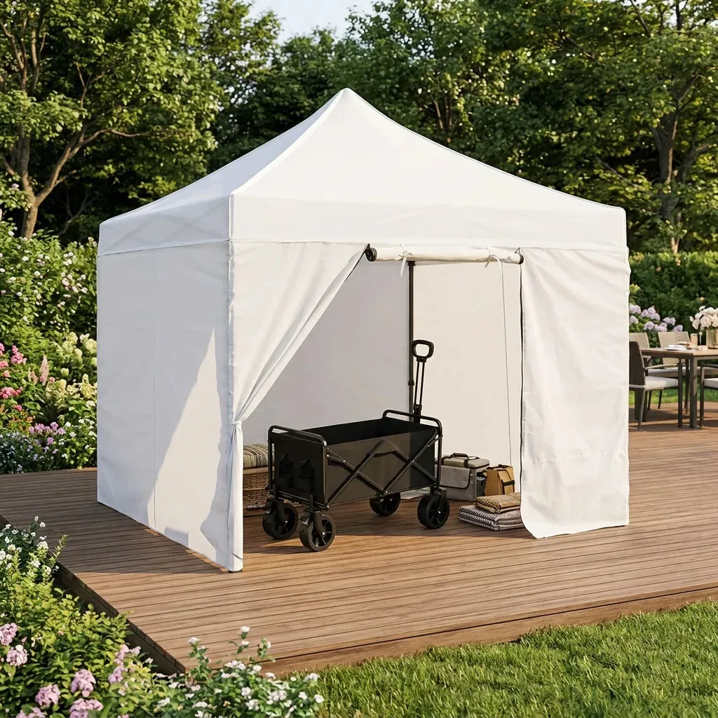 Combo Gazebo 3x3 Autoarmable Plegable Dakota Con 4 Paredes Blanco Puerta Estacas Bolso Impermeable + Carrito Plegable Multiuso Dakota 2 En 1 4 Ruedas Camping Transporte Carga