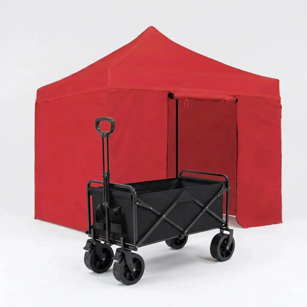 Combo Gazebo 3x3 Autoarmable Plegable Dakota Con 4 Paredes Rojo Puerta Estacas Bolso Impermeable + Carrito Plegable Multiuso Dakota 2 En 1 4 Ruedas Camping Transporte Carga