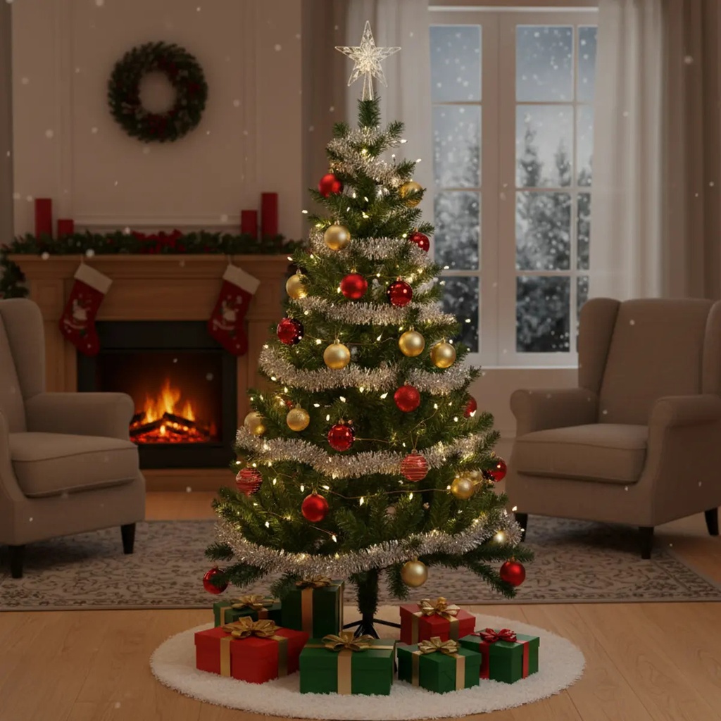 Árbol De Navidad Verde Puntas Nevadas 1,50 Metros Pino Artificial Con Base Metal Reforzada Verde Musgo