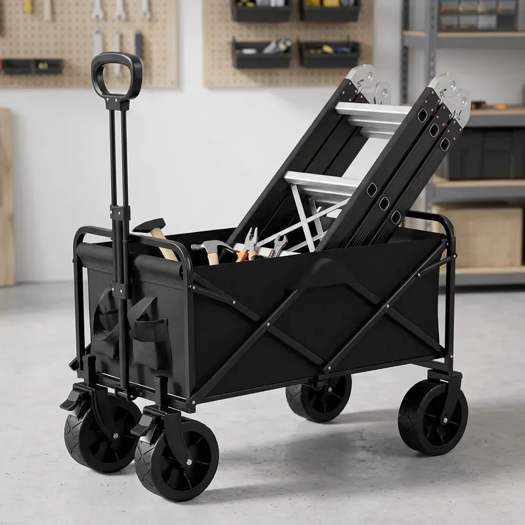 Escalera Articulada Dakota 4x4 Aluminio 16 Peldaños 150kg Con Carrito Transportador Resistente Multiuso Camping Dakota Negro