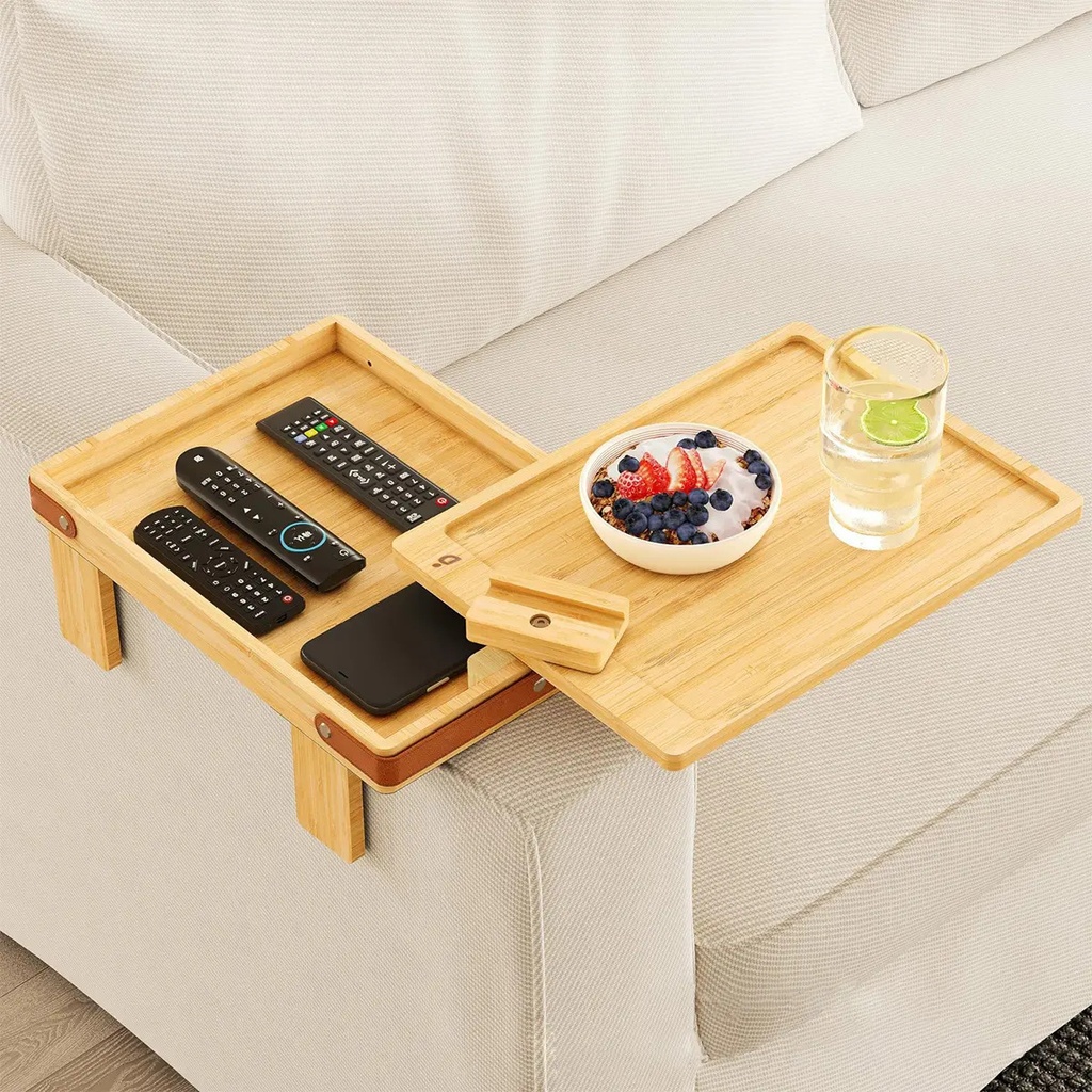 Mesa Bandeja Apoya Brazo De Sofá De Bambú Con Patas Desmontables Mesa Auxiliar Multifunción Para Bebidas Snacks Controles Y Celular Marrón Claro