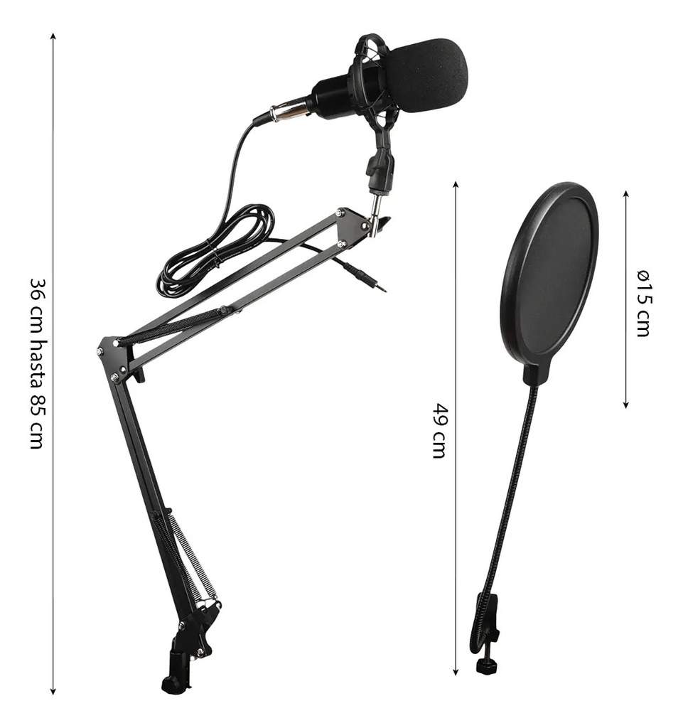 Kit Micrófono Omnidireccional Dakota Soporte Brazo Antipop Negro