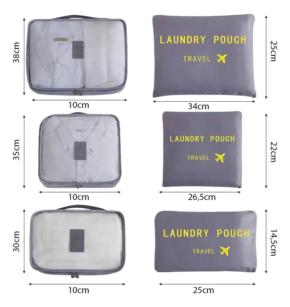 Organizador De Valija Set X6 Piezas Estuche Neceser Multiuso Gris