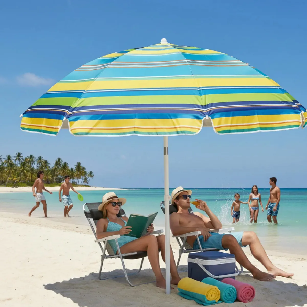 Sombrilla Parasol Articulada 220cm Dakota Playa Camping Color Verde-celeste Rayas