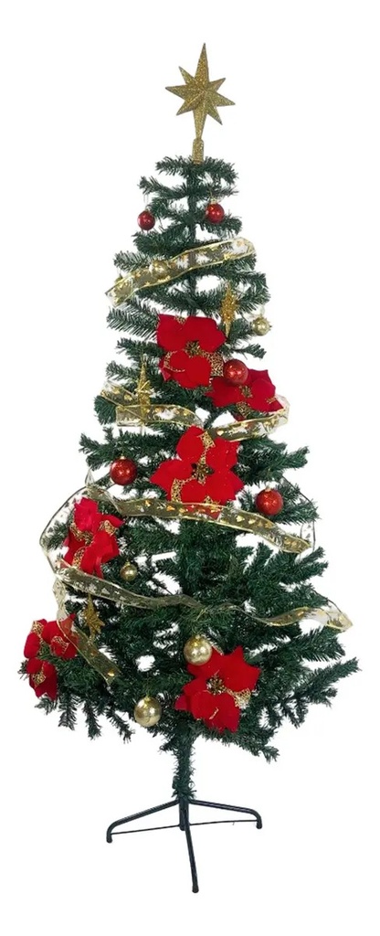 Árbol De Navidad 1,80 Metros Completo Con Adornos Pino Base Metálica Reforzada Rojo-dorado