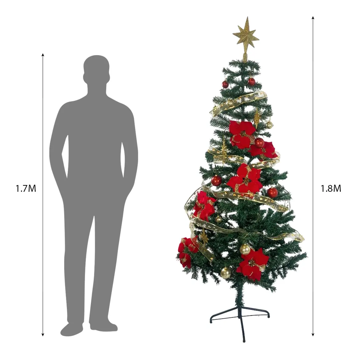 Árbol De Navidad 1,80 Metros Completo Con Adornos Pino Base Metálica Reforzada Rojo-dorado
