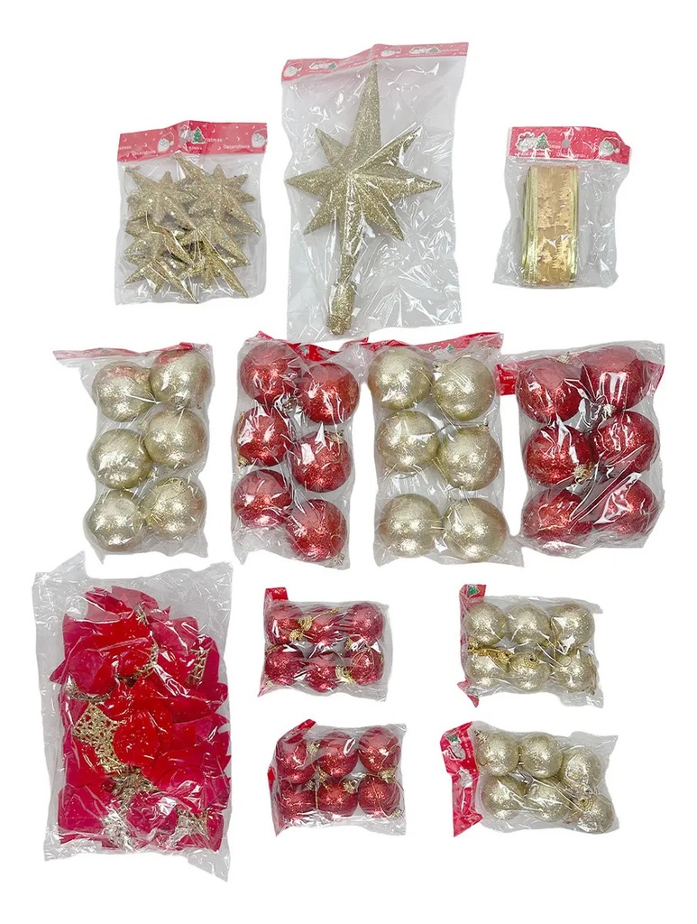 Árbol De Navidad 1,80 Metros Completo Con Adornos Pino Base Metálica Reforzada Rojo-dorado