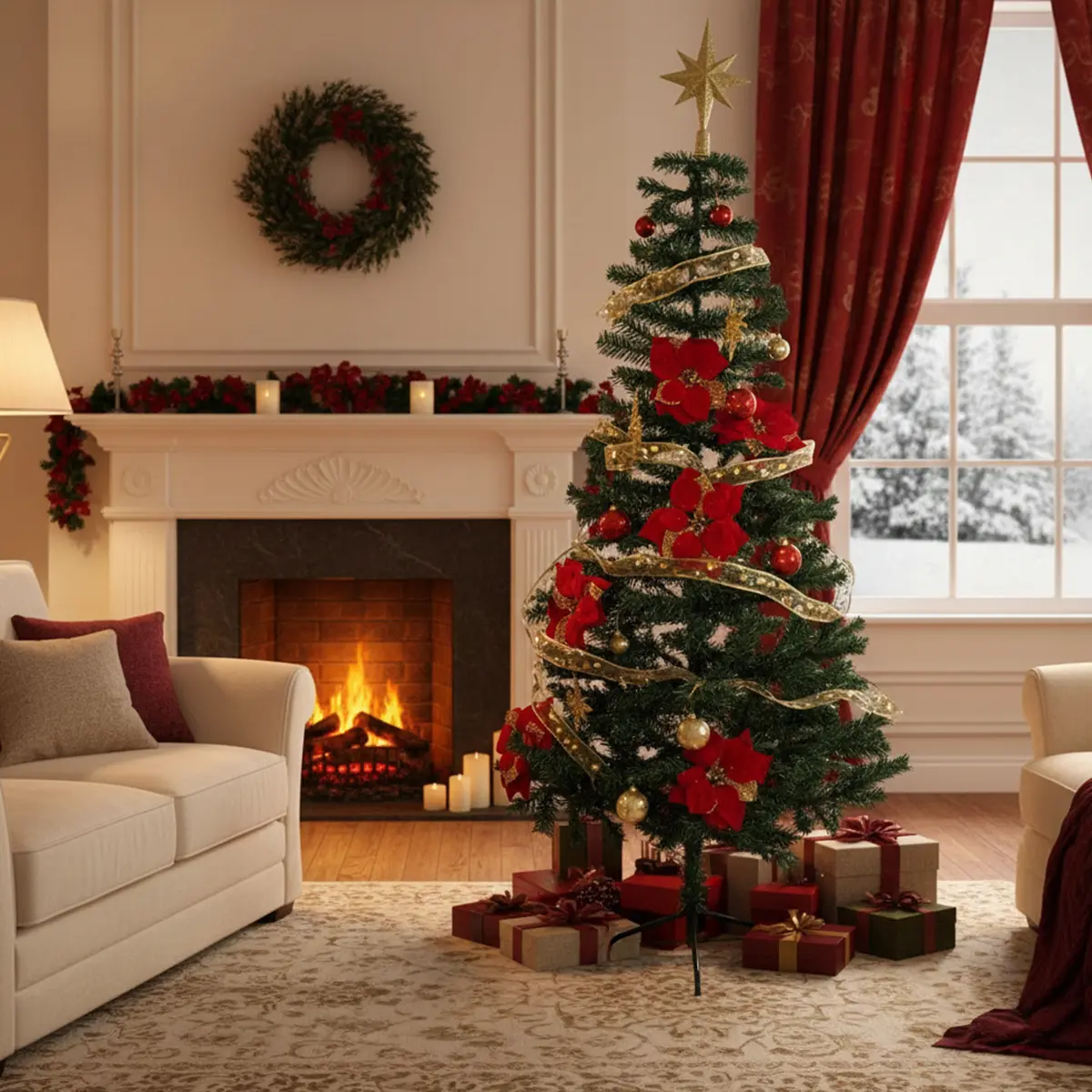 Árbol De Navidad 1,80 Metros Completo Con Adornos Pino Base Metálica Reforzada Rojo-dorado