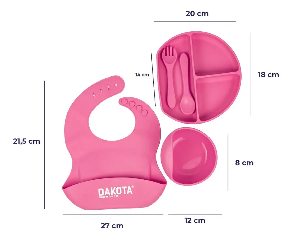 Set Plato Cubiertos Babero Silicona Dakota Completo 5 Piezas Color Rosa
