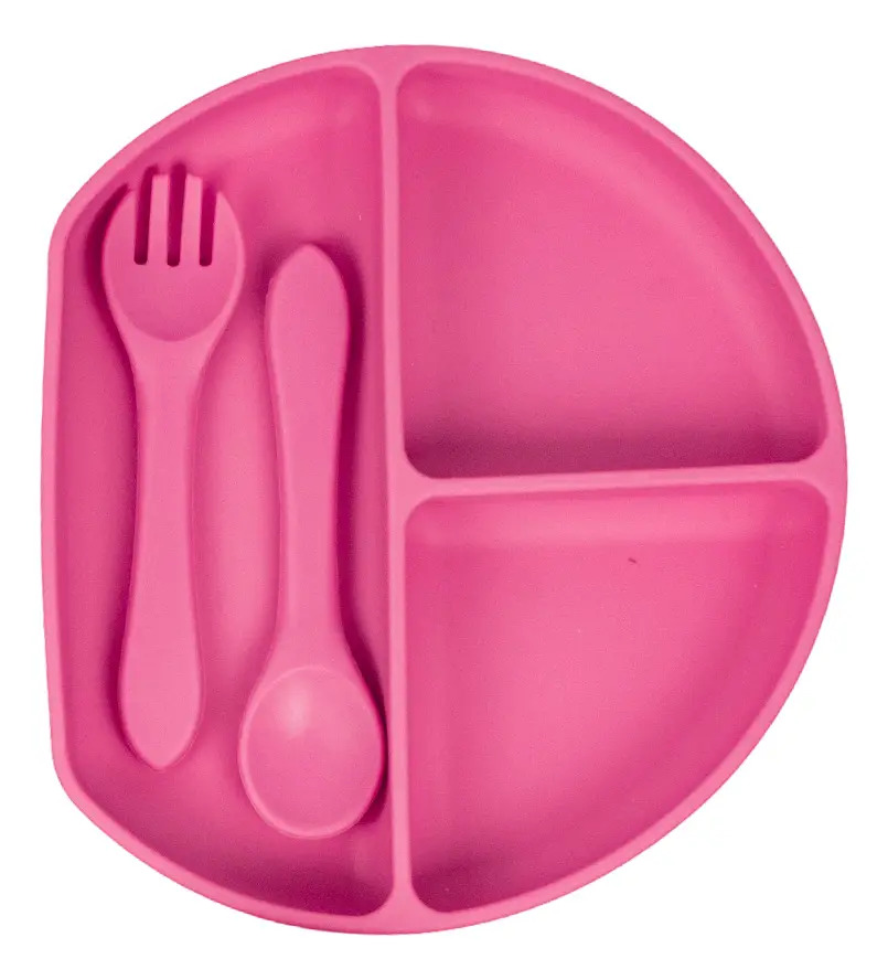 Set Plato Cubiertos Babero Silicona Dakota Completo 5 Piezas Color Rosa