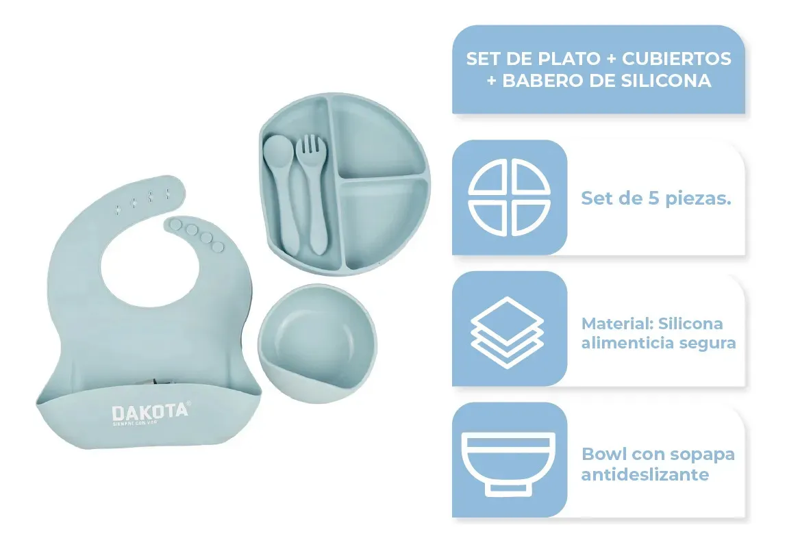 Set Plato Cubiertos Babero Silicona Dakota Completo 5 Piezas Color Gris Claro