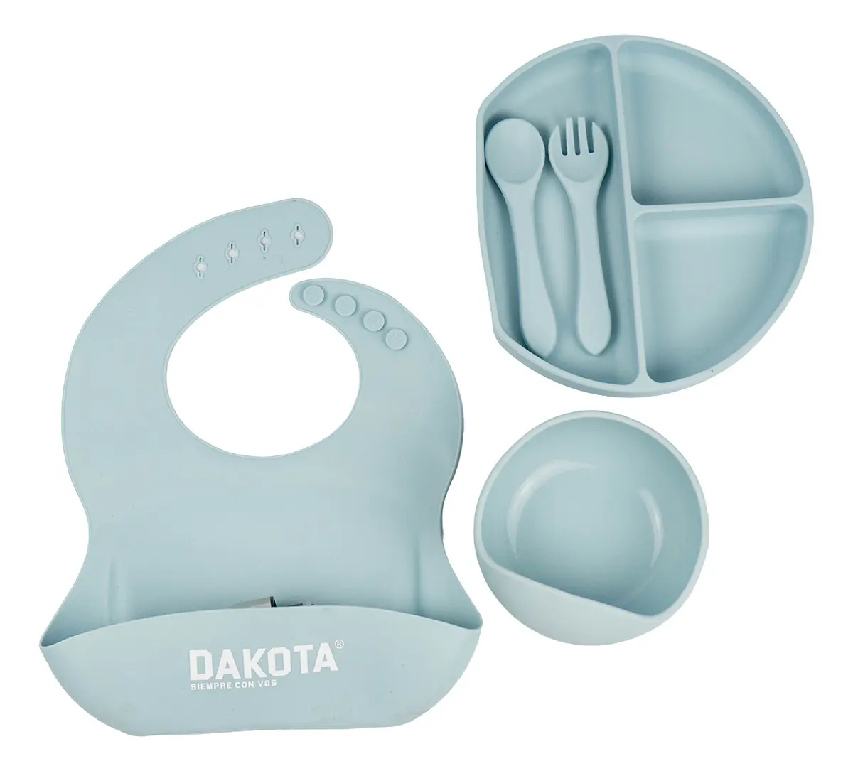 Set Plato Cubiertos Babero Silicona Dakota Completo 5 Piezas Color Gris Claro