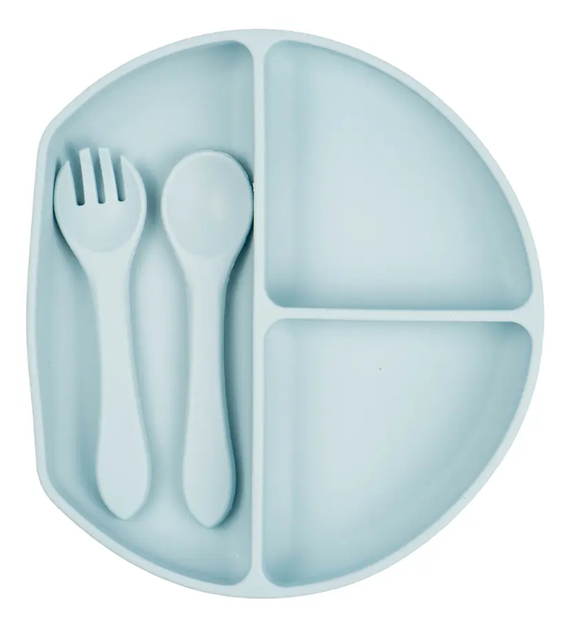 Set Plato Cubiertos Babero Silicona Dakota Completo 5 Piezas Color Gris Claro