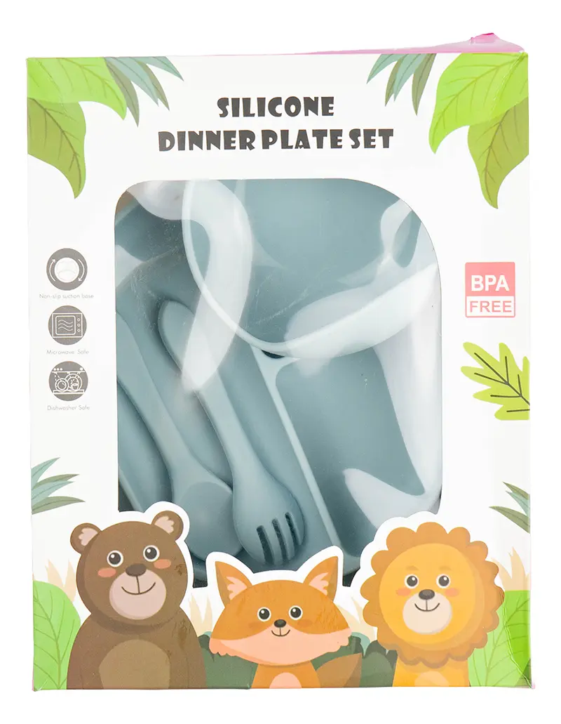 Set Plato Cubiertos Babero Silicona Dakota Completo 5 Piezas Color Gris Claro