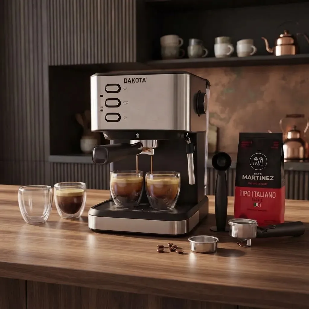 Cafetera Espresso 20 Bares Dakota Con Espumador Para Café Molido + 4 Tazas Doble Vidrio 250 Ml + Café Martínez 250 G De Regalo Acero Inoxidable
