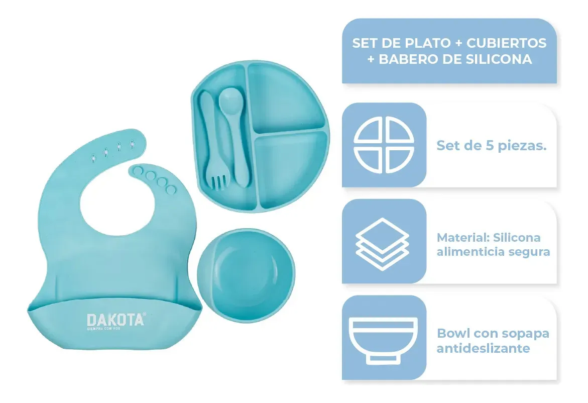 Set Plato Cubiertos Babero Silicona Dakota Completo 5 Piezas Color Celeste