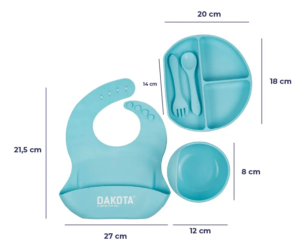 Set Plato Cubiertos Babero Silicona Dakota Completo 5 Piezas Color Celeste