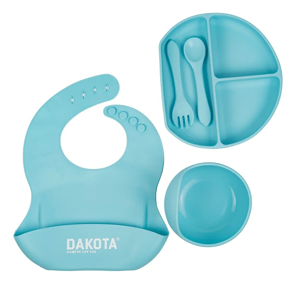 Set Plato Cubiertos Babero Silicona Dakota Completo 5 Piezas Color Celeste