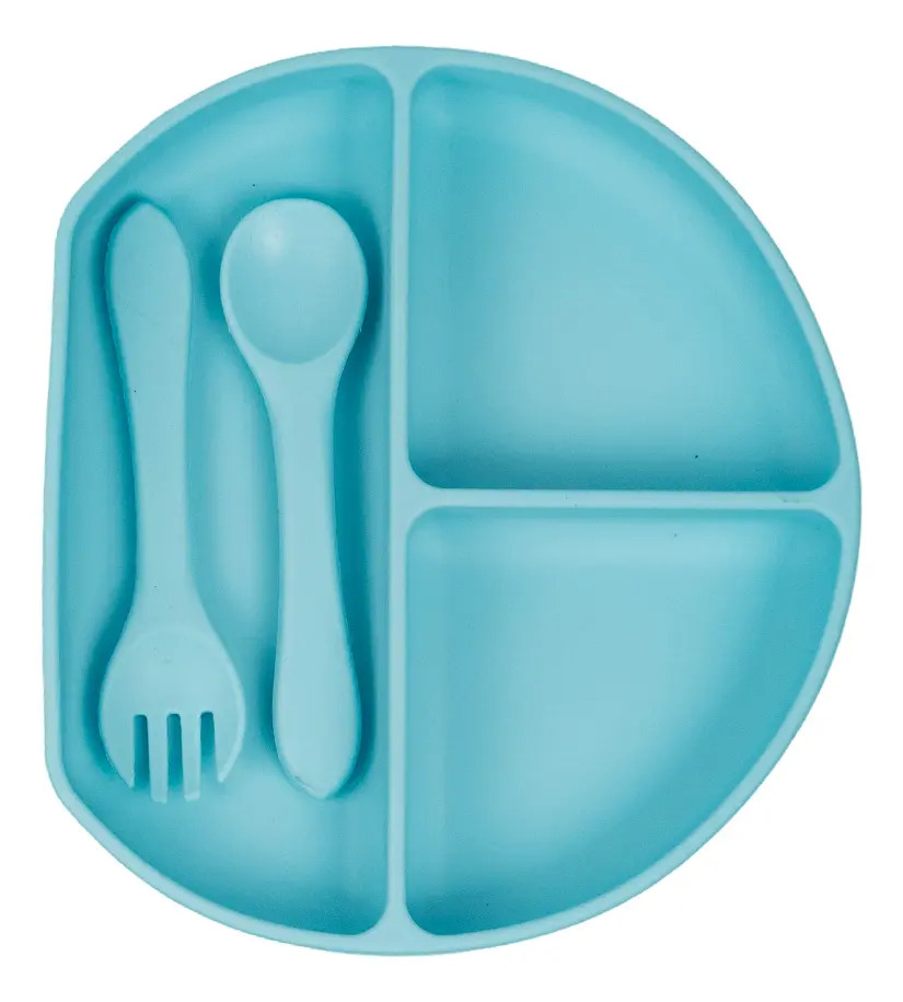 Set Plato Cubiertos Babero Silicona Dakota Completo 5 Piezas Color Celeste