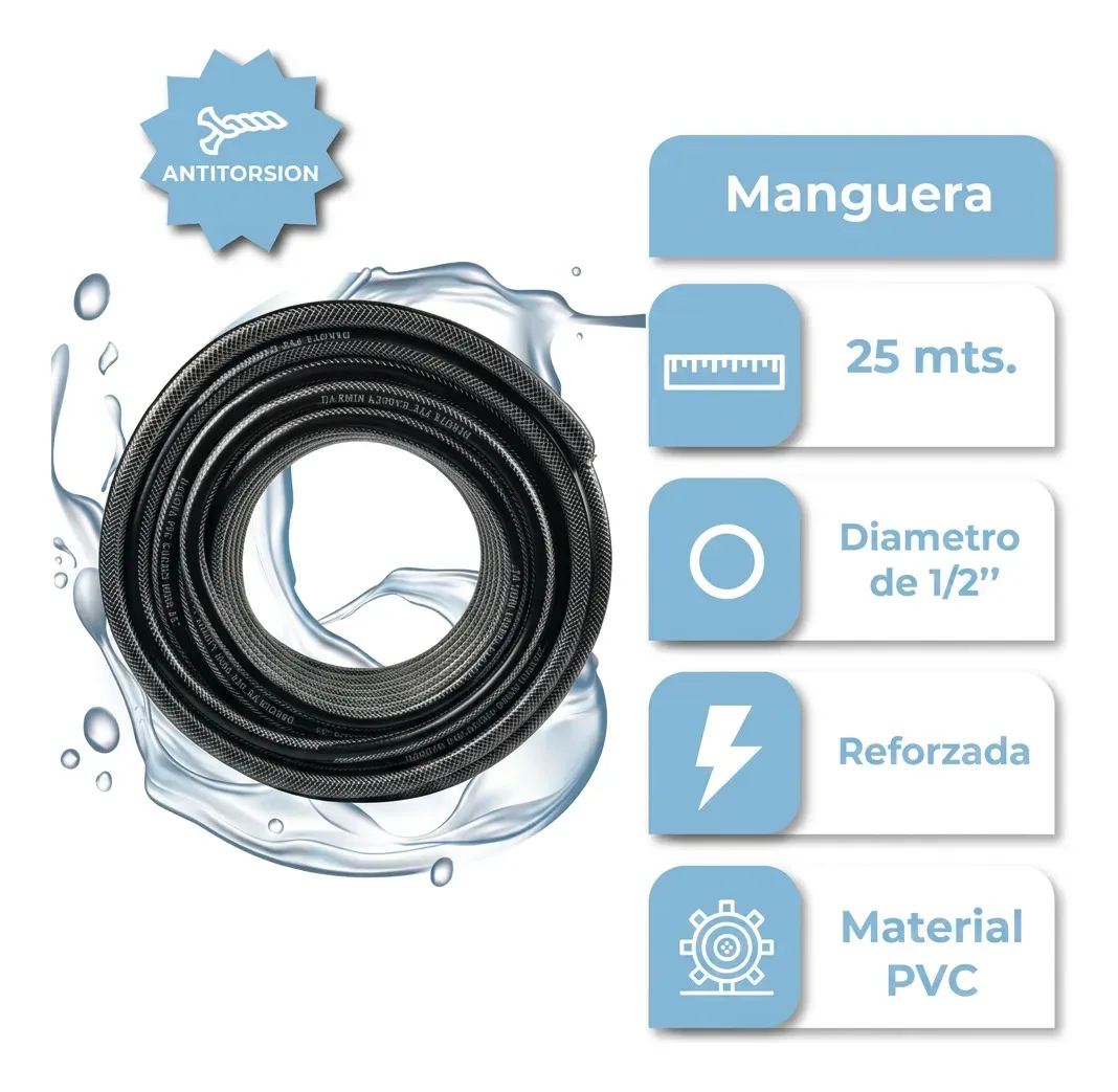 Manguera De Riego 25 Mts. Dakota Flexible 1/2  Diámetro Presión Reforzada Negro