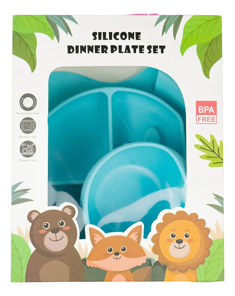 Set Plato Cubiertos Babero Silicona Dakota Completo 5 Piezas Color Celeste