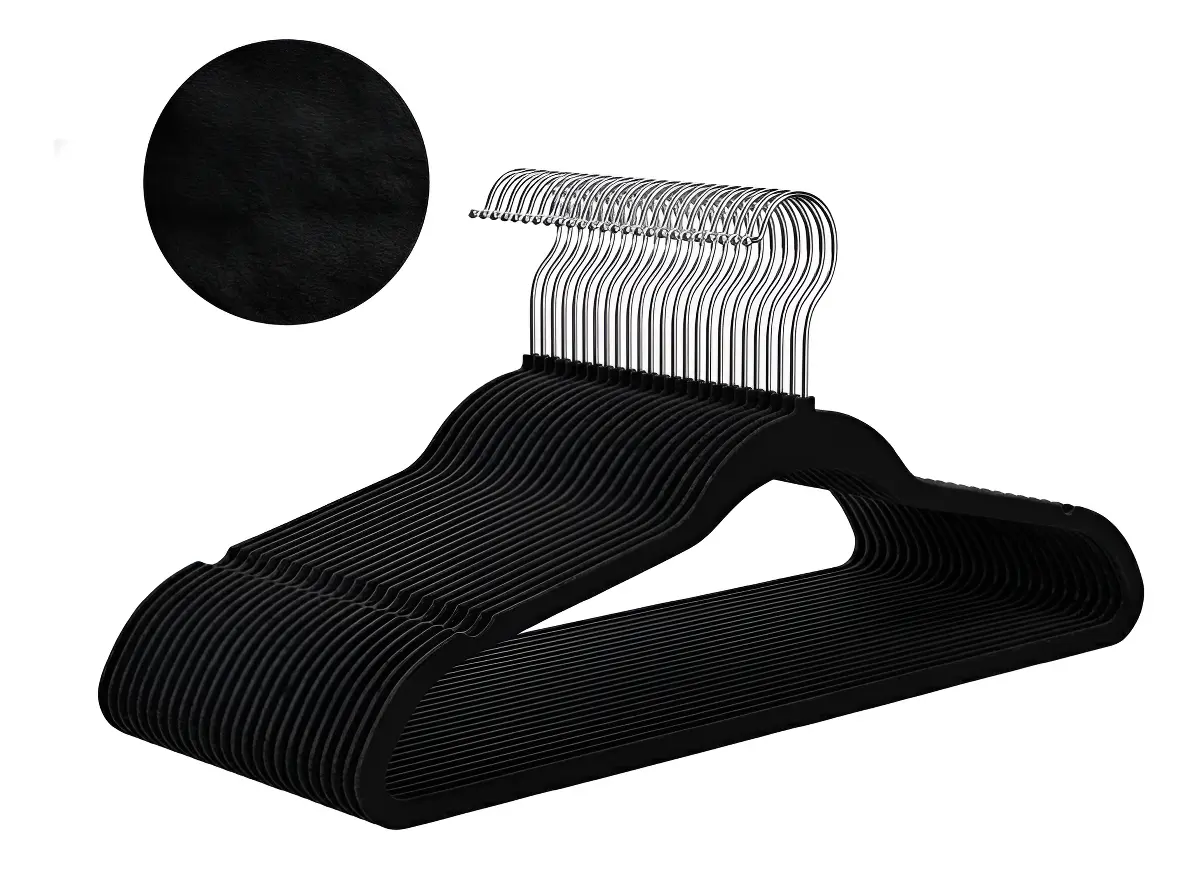 Set X25 Perchas De Terciopelo Dakota Antideslizante Premium Color Negro Negro Azabache