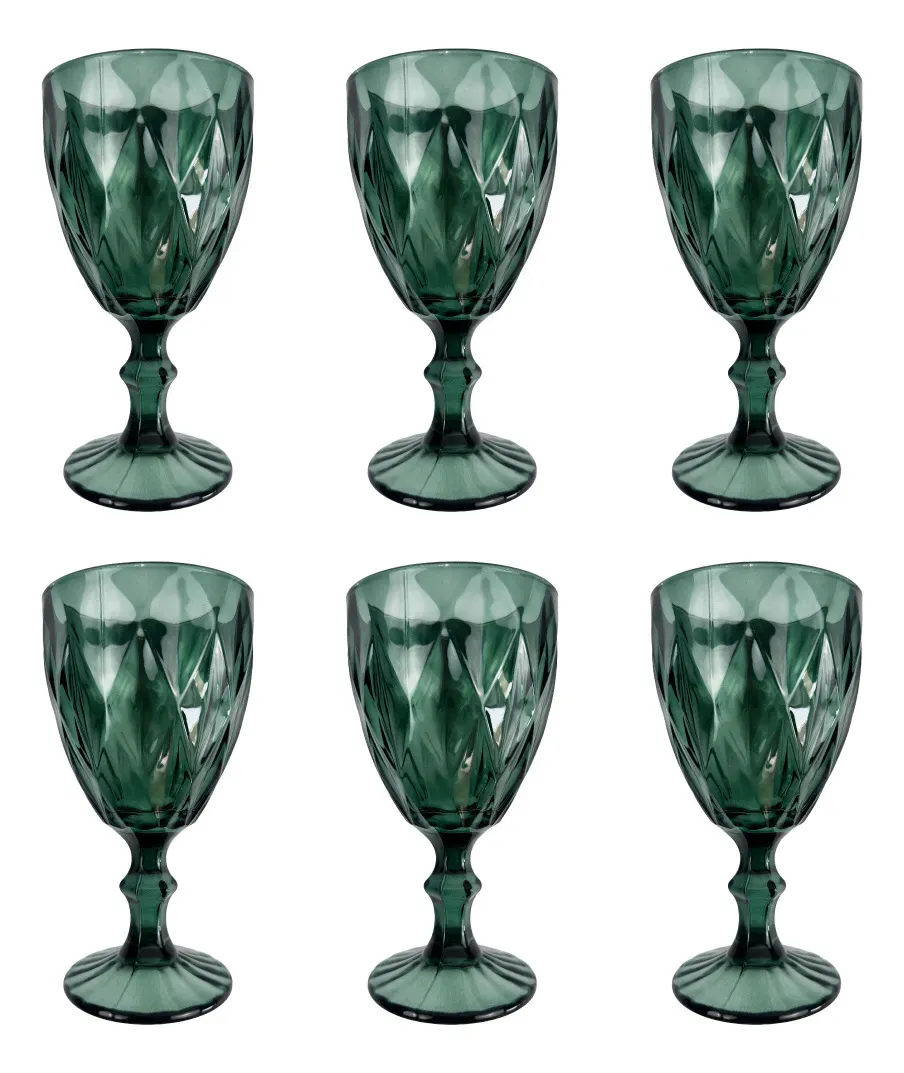 Set X6 Copas Vidrio Tallado Dakota Elegante Vintage Color Verde Oscuro