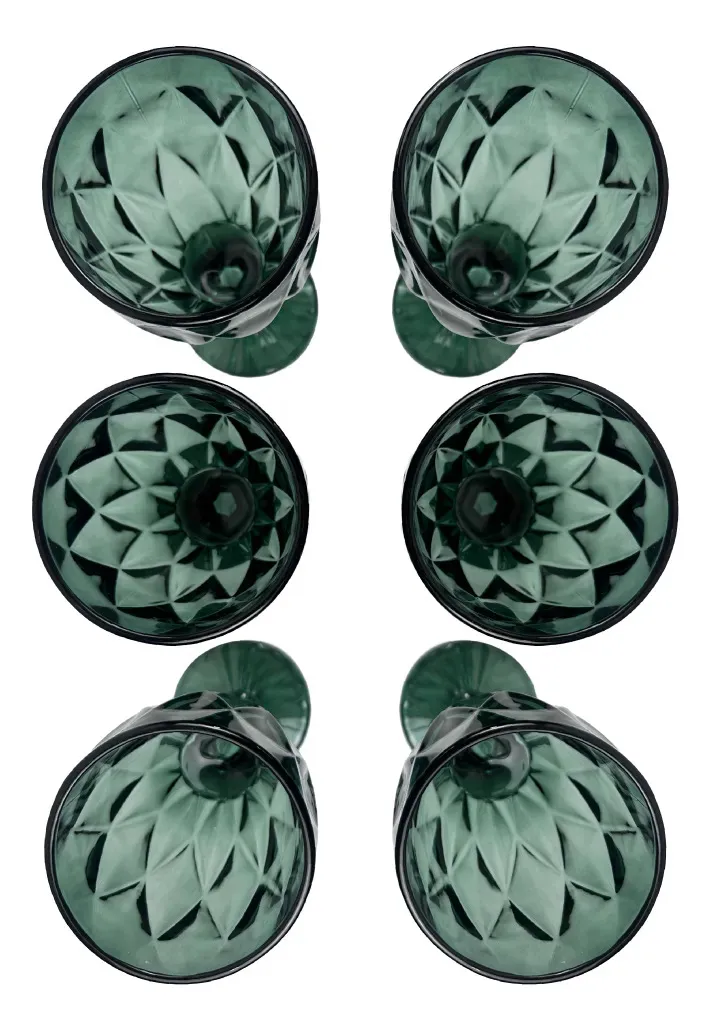Set X6 Copas Vidrio Tallado Dakota Elegante Vintage Color Verde Oscuro