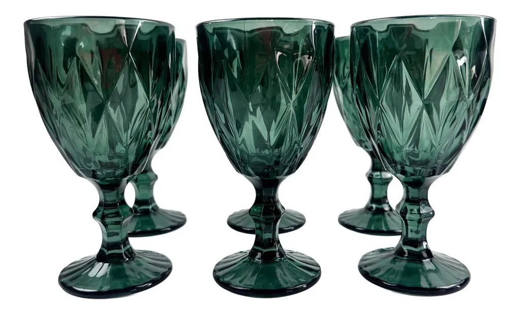 Set X6 Copas Vidrio Tallado Dakota Elegante Vintage Color Verde Oscuro