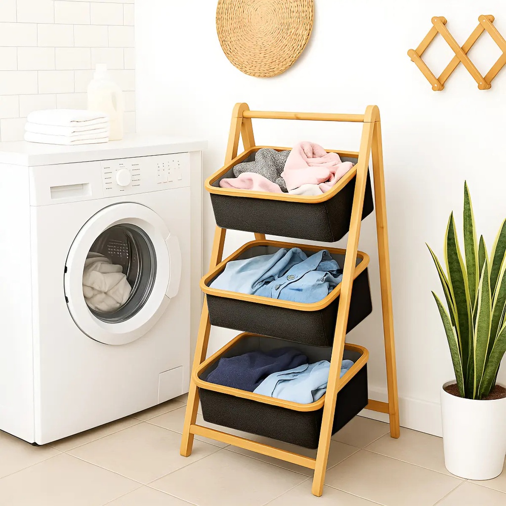Organizador Dakota 3 Niveles Con Canastos De Tela Estructura De Bambú Mueble Práctico