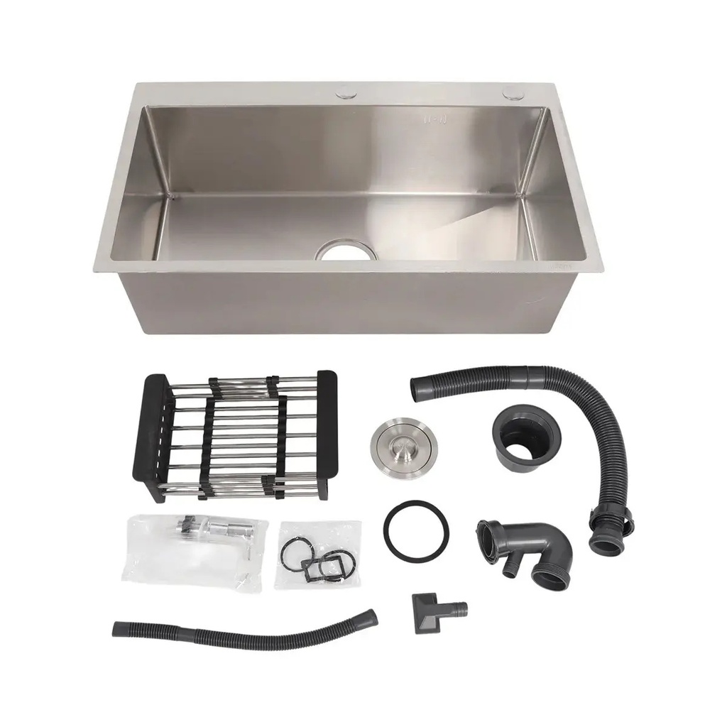 Combo Bacha De Cocina Dakota Acero Inoxidable Con Accesorios + Grifería De Baño Monocomando Negra Plateado 1