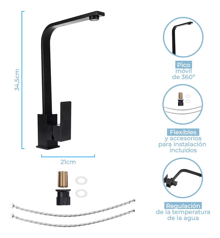Combo Bacha De Cocina Dakota Acero Inoxidable Con Accesorios + Grifería De Baño Monocomando Negra Plateado 1