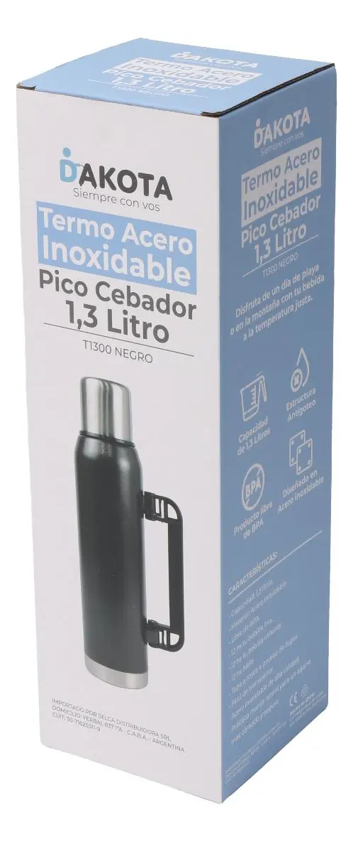Termo Acero Inoxidable Pico Cebador Dakota 1.3l Color Negro