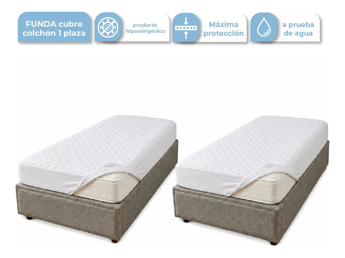 Combo X2 Cubre Colchón Impermeable 1 Plaza Ajustable Protector Funda Elástico Blanco