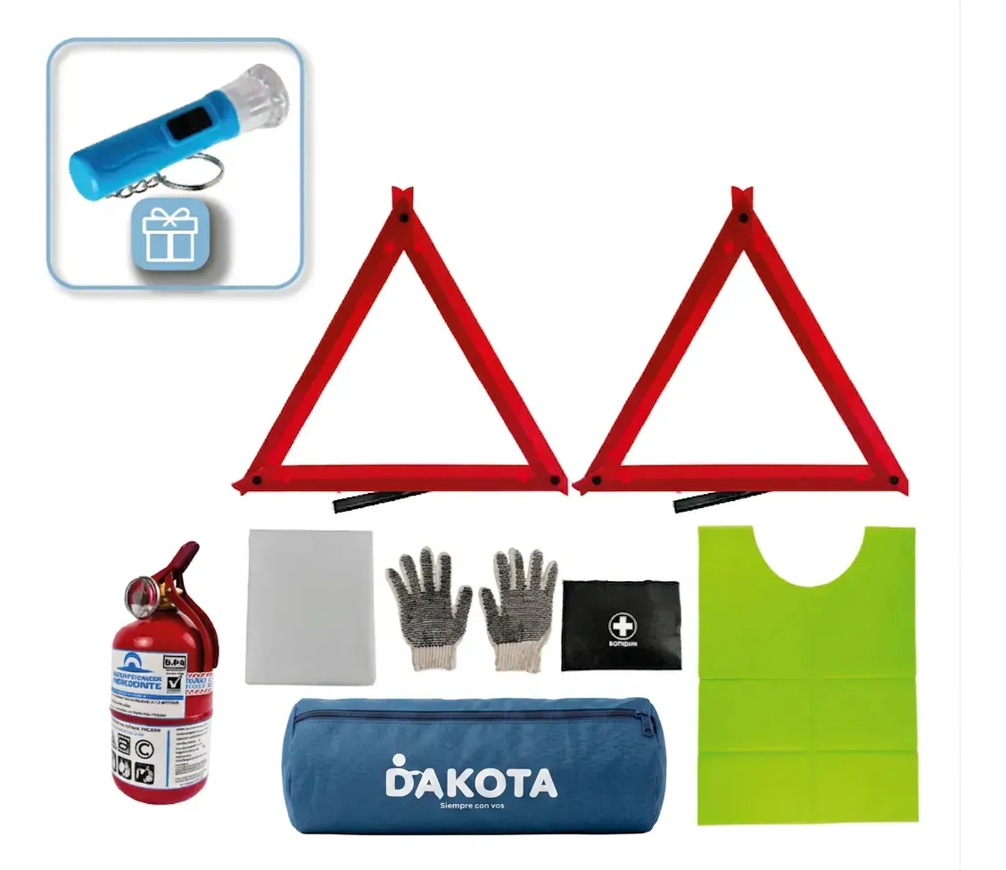 Kit Reglamentario De Seguridad Para Auto 7 En 1 Premium Con Matafuego Bocha + Linterna De Regalo