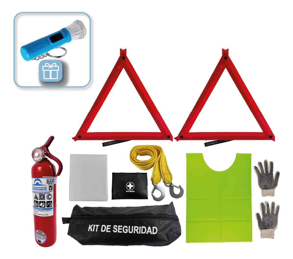 Kit Reglamentario De Seguridad Vehicular 8 En 1 Con Matafuego Flaco 1 Kg Balizas Botiquín Chaleco Manta Bolso Apto Vtv + Linterna De Regalo