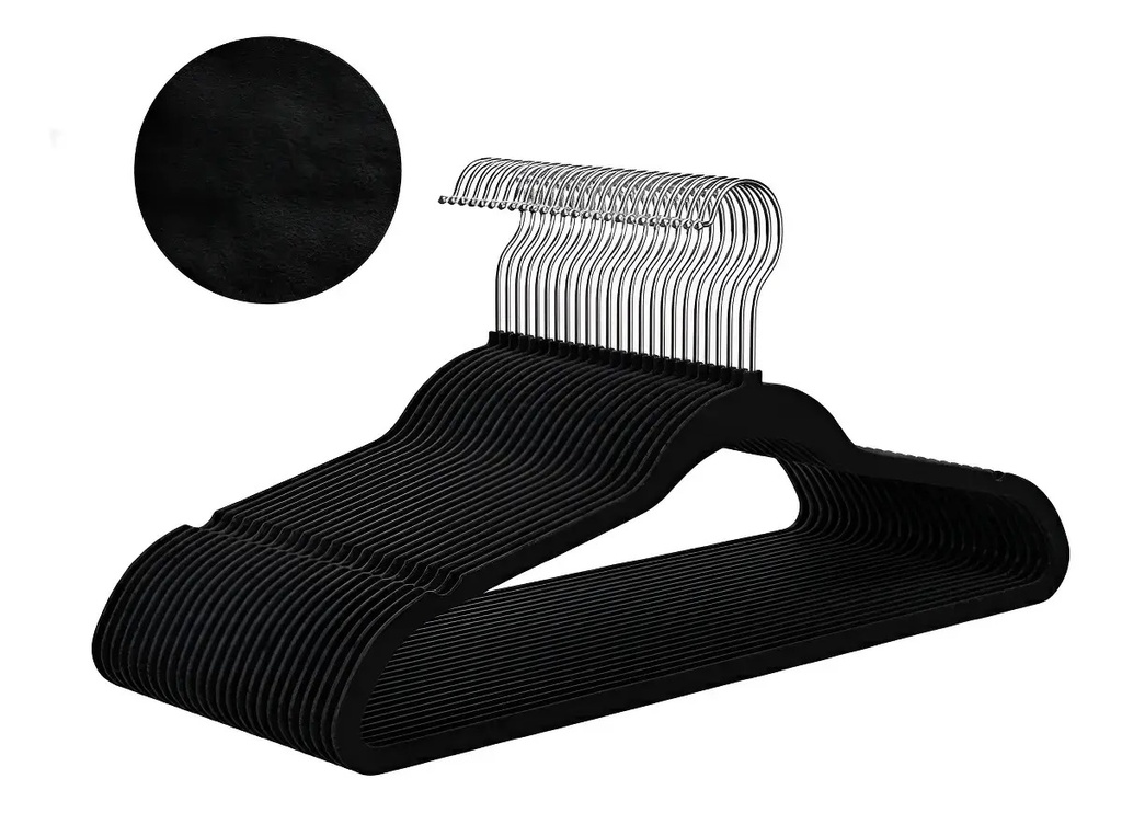 Set X75 Perchas De Terciopelo Dakota Antideslizante Premium Color Negro Negro Azabache